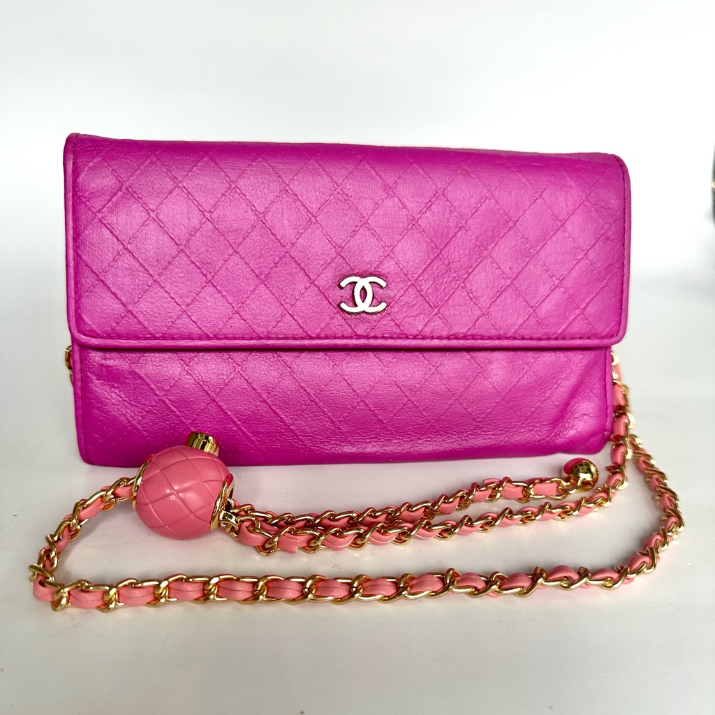 Chanel Cc Magenta Shine Leather Wallet On Chain & Auth Card